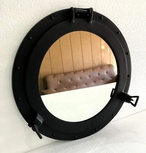 Vintage Style 17" Porthole Round Coastal Wall Hanging Black Powder Coated Mirror - Picture 1 of 5