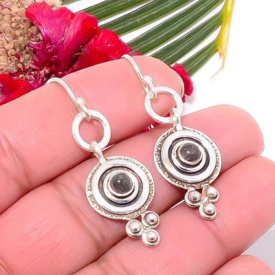 Black Rutilated Quartz - Brazil 925 Sterling Silver Handmade Earring 1.68" Sku20 - Image 1 of 4