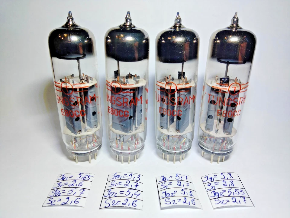 4 ШТ. НОВЫЕ ПОДОБРАННЫЕ QUAD Tungsram E80CC ТРУБКИ, Красный номер, O-GETTER - Изображение 1 из 4