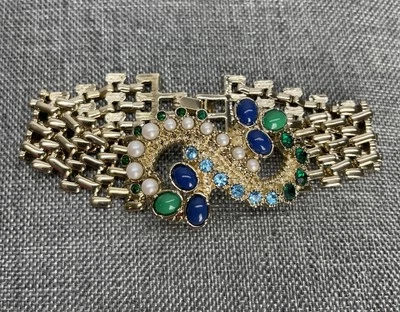"Pulsera Ann Taylor piedras verdes azules perlas de imitación tono dorado 7""" Foto 1 de 4