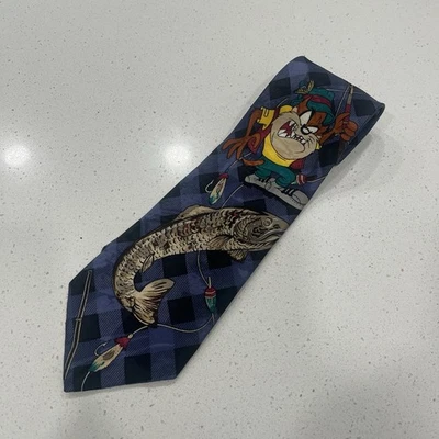 Vintage Necktie 1994 Looney Tunes Taz Mania Devil Fishing 100% Polyester Tie - Image 1 of 4