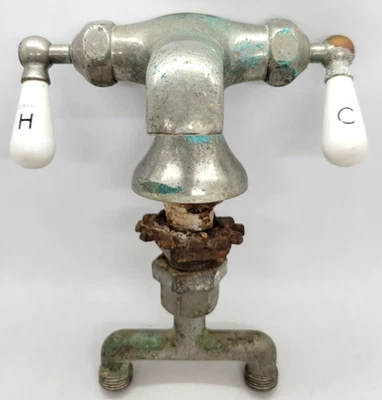 Grifo de lavabo doble frío caliente grúa años 30-40 mango de porcelana - DE COLECCIÓN Foto 1 de 4