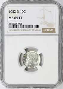 Moneda de diez centavos de plata Roosevelt 1952-D 10c NGC MS65 FT - Imagen 1 de 4