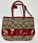 Coach Khaki Signature Stripe Patent Shoulder Tote Red Bag Handbag 12429