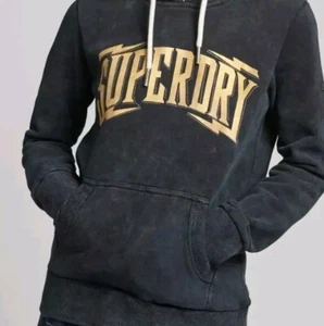 Superdry Donna Felpa con Cappuccio Maglione con Cappuccio Donna Taglia UK 8 XS Nero Oro Felpa - Foto 1 di 5