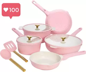 Paris Hilton Cast Aluminum Ceramic Nonstick Cookware Set – 10-Piece Pink - Picture 1 of 12