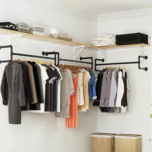 Detachable Wall Mount Clothes Rack Industrial Pipe Garment Bar Hanging Rod 2Base - Picture 1 of 12