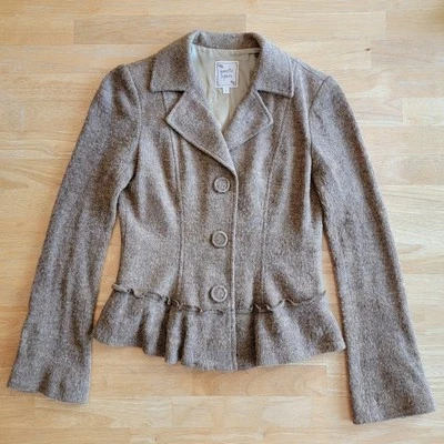 Chaqueta Blazer Nanette Lepore Talla S Amarillo Marrón con Volantes, Flor Pin Foto 1 de 4