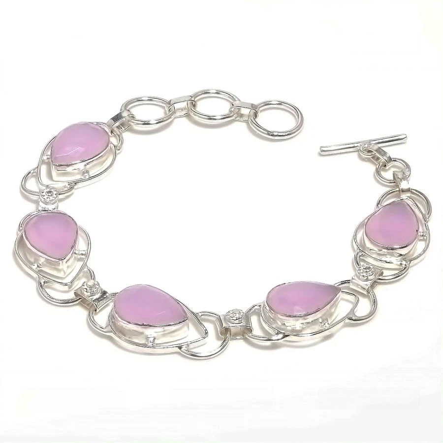 Brazalete Joyería Plata de Ley 925 Piedras Preciosas Cuarzo Rosa Rosa Tamaño 7-8" Foto 1 de 1