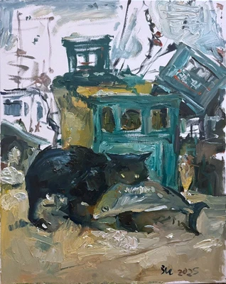 Pintura al óleo sobre lienzo surrealismo náutico Cat Harbor original firmada 16"x20" Foto 1 de 3