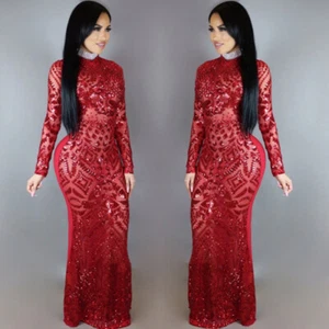 Sexy Damenbekleidung Pailletten Langarm Maxi Party Kleid Mode O Ausschnitt Kleider - Bild 1 von 9