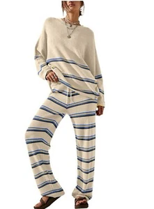 Women’s Pajamas PJs 2 Piece Set Loungewear Wide Leg Striped Knit Ivory Loose New - Picture 1 of 4