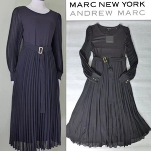 MARC NY ANDREW MARC Size L Long Sleeve Pleated Belted Midi Dress Black - Picture 1 of 12