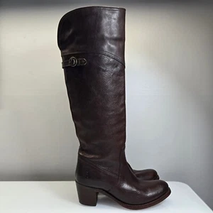 Frye Jane hohe Manschettenstiefel Größe 10 schokobraun kniehoch Reitsport Blockabsatz - Bild 1 von 9