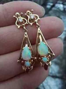 Beautiful 3Ct Pear Cut Fire Opal Drop/Dangle Earrings 14K Yellow Gold Finish - Picture 1 of 3