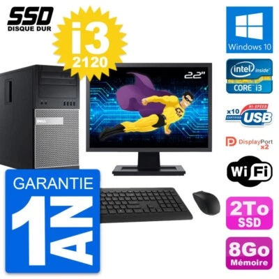 PC tour DELL 9010 Pantalla 22" Intel Core i3-2120 RAM 8Go GB 2To Windows 10 Wifi - Imagen 1 de 4