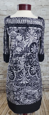 Платье Adrianna Papell размер 4 черное и желтовато-коричневое пейсли карьерное официальное с v-образным вырезом сзади - Изображение 1 из 4