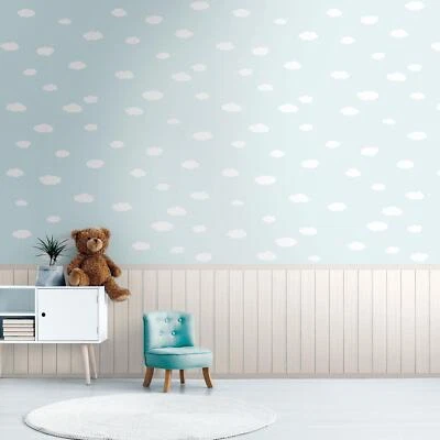 Papel pintado listones de madera y nubes 39816-1 azul/blanco 2 en 1 vinilo para niños como creación Foto 1 de 3