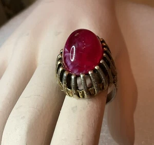 Woman’s Ring Faux Red Stone Goldtone Adjustable Band - Picture 1 of 6