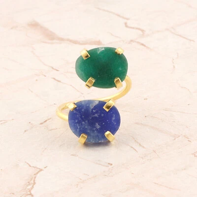 Anillo Ajustable Doble Piedra Jade Cuarzo Chapado en Oro 18k Boda Regalo Joyería Foto 1 de 3