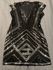 Express Black Silver Sequin Geometric Art Deco Cocktail Dress Size Large - Picture 1 of 6