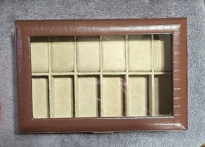 Techswiss Brown Leather Beige Fabric 12  Slot Watch Box with Lock and Key - Image 1 of 4