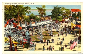 RHODE ISLAND - ROCKY POINT AMUSEMENT PARK - BUSY MIDWAY SCENE - LINEN POSTCARD - Picture 1 of 2