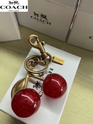 Coach Cherry Keychain Bag Charm - Red Apple Glitter Resin & Brass Metal