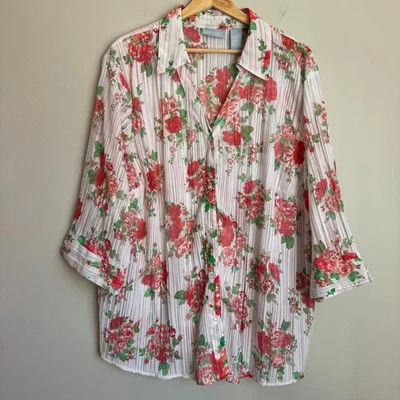 Liz & Me Blouse Size 1X Floral Lightweight Sheer 3/4 Sleeves Mature V-Neck  - Изображение 1 из 4