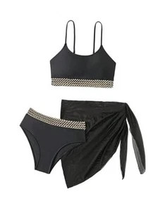 Girl's 3 Piece Bathing Suit Scoop Neck Spaghetti Strap Bikini Set with Wrap - Picture 1 of 6