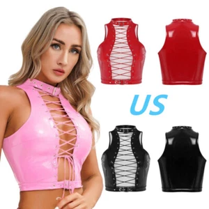 Women Faux Leather Vest Crop Top Sleeveless Lace-Up Buckled Tank Top Clubwear - Picture 1 of 42