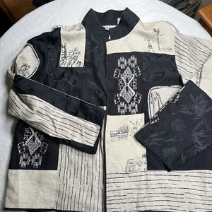 Chico's Embroidered Linen and Silk Stand Collar Jacket Size 3 Cream Black - Picture 1 of 13