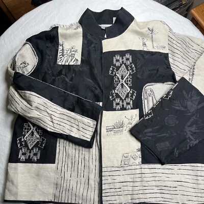 Chico's Embroidered Linen and Silk Stand Collar Jacket Size 3 Cream Black - Image 1 of 4
