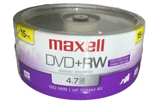 Maxell DVD+RW 15 Pack 4.7GB 4X Rewritable Discs New Sealed Spindle 2 Hours - Picture 1 of 7