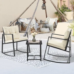 Set Tavolo E 2 Poltrone a Dondolo per Giardino in Polyrattan E Cuscini, Salotto - Foto 1 di 12