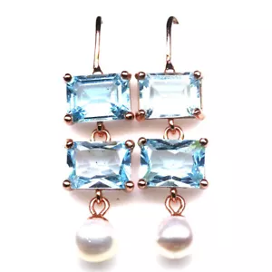 Gemstone 6 x 8 mm. Sky Blue Topaz & White Pearl Earrings 925 Silver Rose Gold - Picture 1 of 4