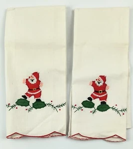 2 Vintage Santa Christmas Tea Towels Hand Applique Embroidery 20x13 Red Trim - Picture 1 of 4