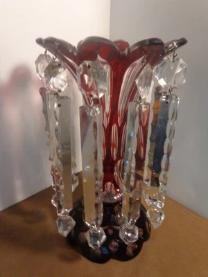 c.1880  RUBY RED CUT to CLEAR CRYSTAL MANTLE LUSTER w/10 CRYSTAL PRISMS - Image 1 of 4