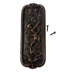 Vintage Cast Iron Ornate Cherub Door Push Plate - Antique Rustic Copper Decor - Picture 1 of 7