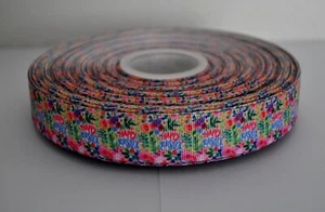 7/8 INCH HAPPY EASTER ON FLOWER PRINT GROSGRAIN RIBBON-1 YD - Picture 1 of 2