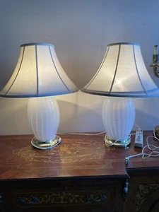 Italian Murano Venice White Striped Glass Lamp Pair - Picture 1 of 12