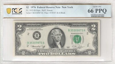 1976 $2 FRN Fr 1935-B New York ---- PCGS Banknote 66 PPQ Superb GEM - Image 1 of 3
