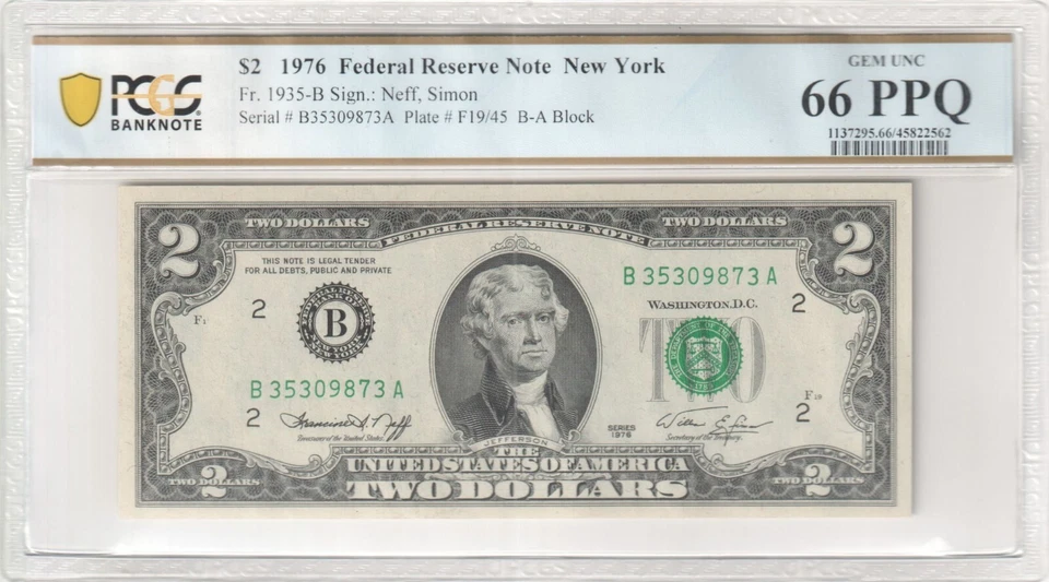 1976 $2 FRN Fr 1935-B New York ---- PCGS Banknote 66 PPQ Superb GEM - Image 1 of 3