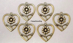 #0214 ANTIQUED GOLD HEART W/FLOWER CENTER + TOP HANG RING - 6 Pc Lot - Picture 1 of 2