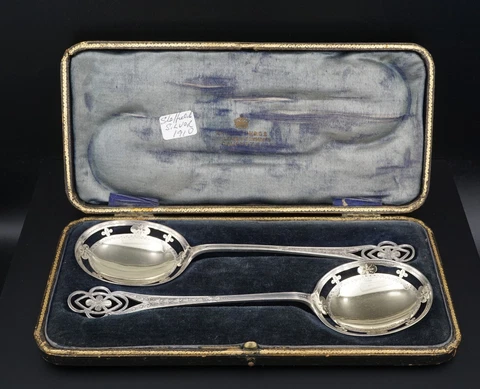 Edwardian George Harrison Pierced Bowl Silver Spoon Pair Original Box 8" M1749 Cover