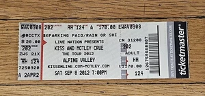 Kiss & Motley Crue 2012 Concert Ticket Stub Alpine Valley Sept. 8 2012 Full Tix - Picture 1 of 2