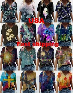 Camicia donna boho chic t-shirt grafica floreale t-shirt moda maniche corte sciolta - Foto 1 di 17