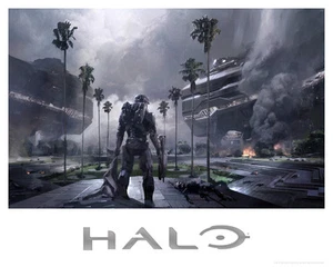 Halo Military Sci-Fi Burning Destruction Gray Smoke Fine Art Lithograph Print - Picture 1 of 1