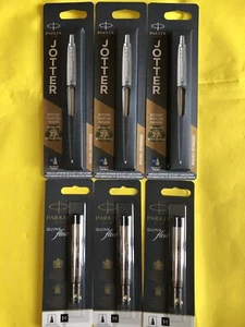3 x Parker Pen Stainless Steel Jotters + 3 Twin Pack Refills BNIP Free RM24 - Picture 1 of 8