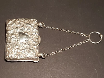 Antico portamonete Chatelaine in argento con marchio edoardiano 1910 - uccellini e fogliame - Immagine 1 di 4